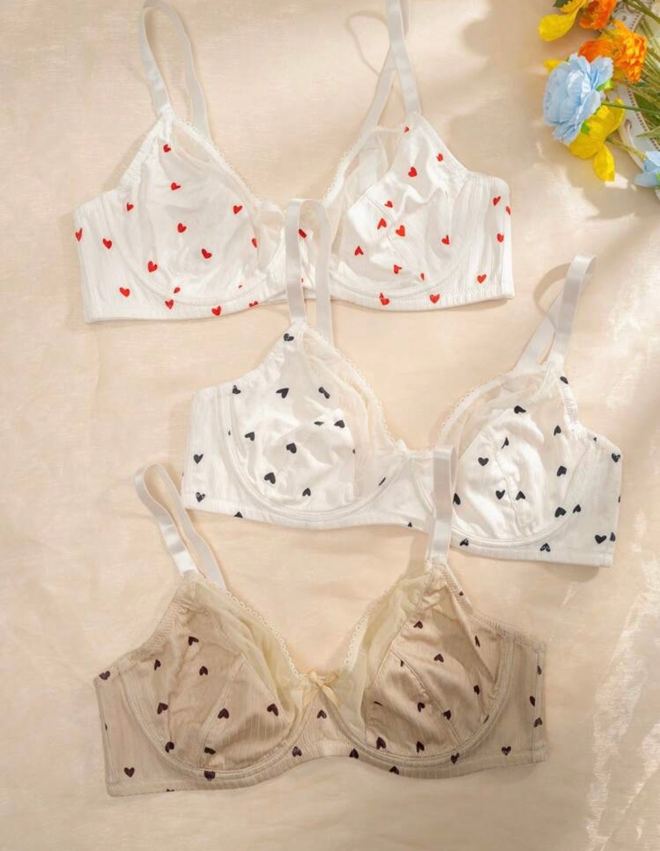 3-Pack Heart Print Bras